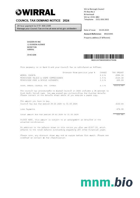 Wielka Brytania Wirral council tax rachunek za usługi komunalne szablon w formacie Word i PDF